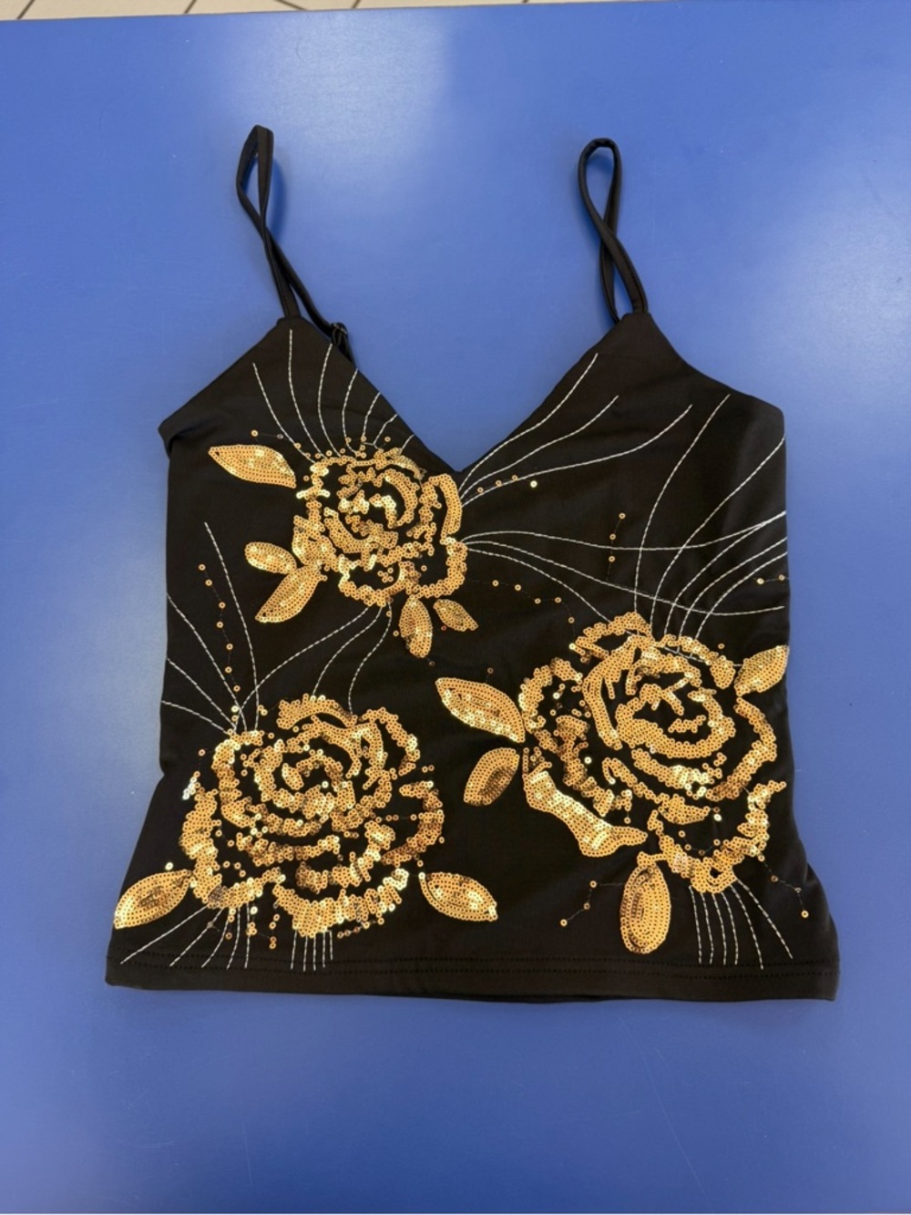 Black Sequin Floral Cami Top